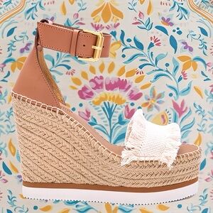 See by Chloe Glyn | Frayed Espadrille Wedge in Cream, Size 7